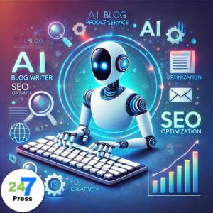 Illustration of an AI blog writer represented by a robot typing on a glowing keyboard, surrounded by icons for writing, SEO optimization, and creativity, set against a vibrant gradient background symbolizing innovation.