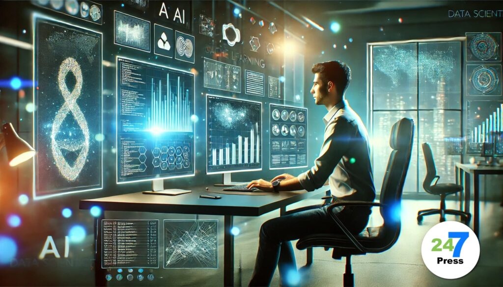 Futuristic digital illustration of a data scientist working at a sleek desk with multiple monitors displaying data visualizations, machine learning models, and code. The high-tech office features glowing blue and green neon lights, AI-related icons, and network nodes, symbolizing data flow. This visually engaging image represents the journey of learning how to become a data scientist in a modern, technology-driven world.