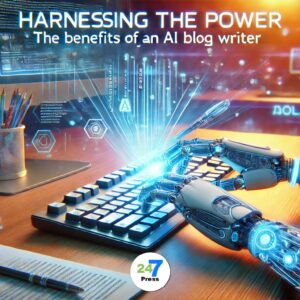 AI blog writer concept illustration featuring a glowing robotic hand typing on a sleek keyboard, surrounded by holographic text and data streams. The background showcases a modern workspace with a soft blue glow, symbolizing innovation and efficiency. Bold, futuristic typography displays the blog title: 'Harnessing the Power: The Benefits of an AI Blog Writer.'