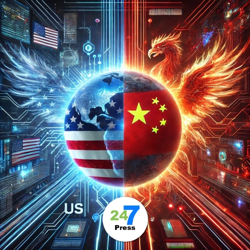 A futuristic digital illustration depicting the competition between the US and China for dominance in Artificial General Intelligence (AGI). The image features the American flag merging with advanced AI circuits on the left and the Chinese flag blending into a glowing cybernetic phoenix on the right. In the center, a high-tech Earth is illuminated with blue (US) and red (China), symbolizing their race in AGI development. The background consists of abstract AI code, glowing data streams, and quantum computing elements, representing the technological advancements of both nations.