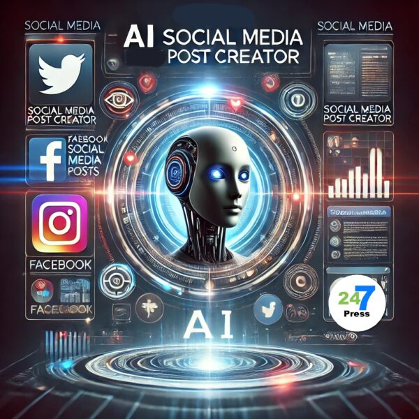 24-7Press's AI Social Media Post Creator, Ava shown with social icons.