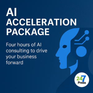 A promotional graphic for the "AI Acceleration Package" featuring a dark-to-light blue gradient background. On the left, bold white text reads "AI Acceleration Package" with a subtitle underneath: "Four hours of AI consulting to drive your business forward." On the right, a stylized blue AI robot head is illustrated with circuit-like design elements. The 24-7 Press logo appears in the bottom right corner.