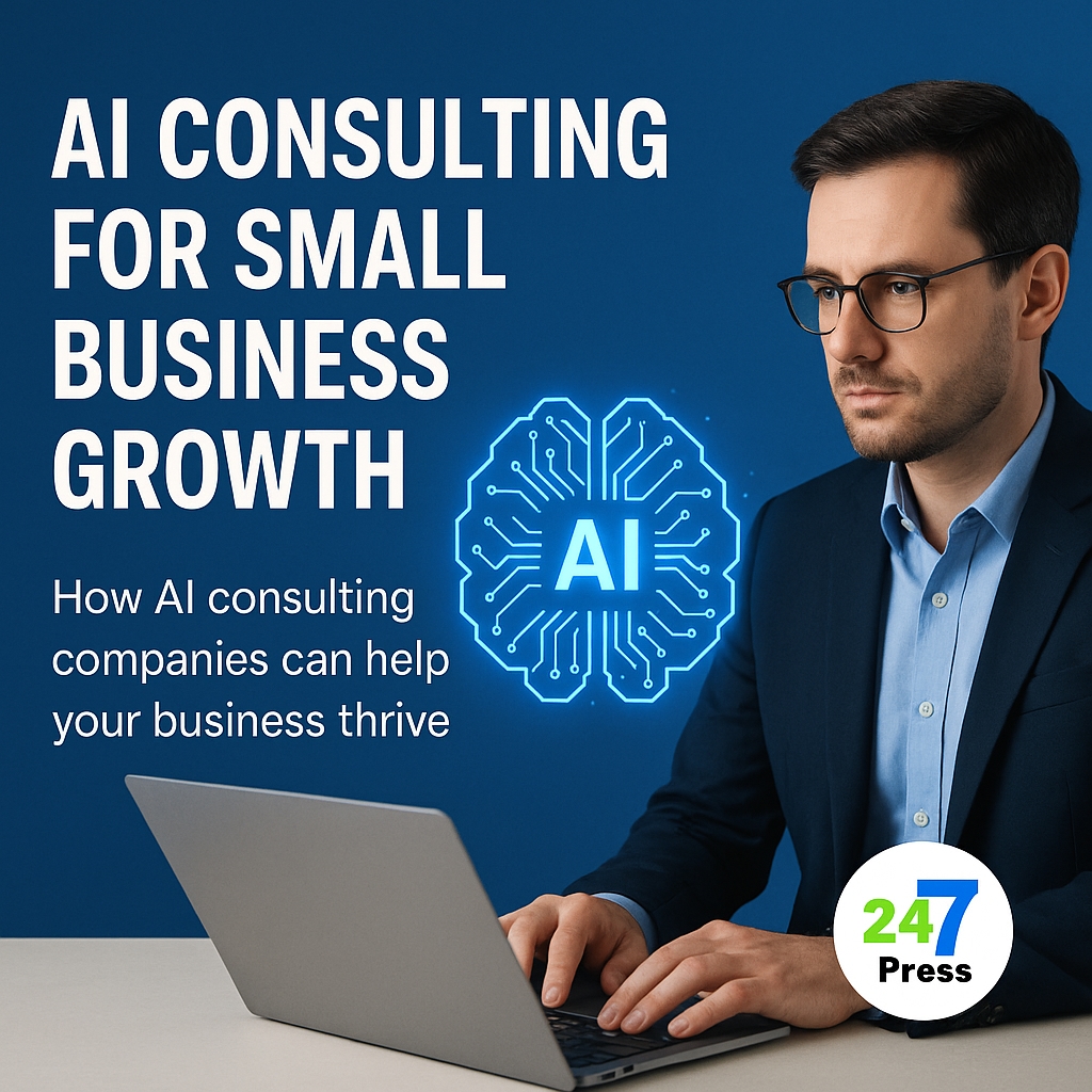 AI consulting expert working on a laptop with a digital AI brain icon, representing how AI consulting supports small business growth, featuring 247 Press branding.