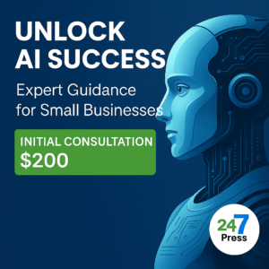 A promotional graphic for an AI consulting service titled "Unlock AI Success," featuring a stylized blue robotic profile on the right. The text reads, "Expert Guidance for Small Businesses" and highlights an "Initial Consultation $200" in a green box. The 24-7Press.com logo is displayed in the bottom-right corner. The background is a deep blue with a sleek, digital theme