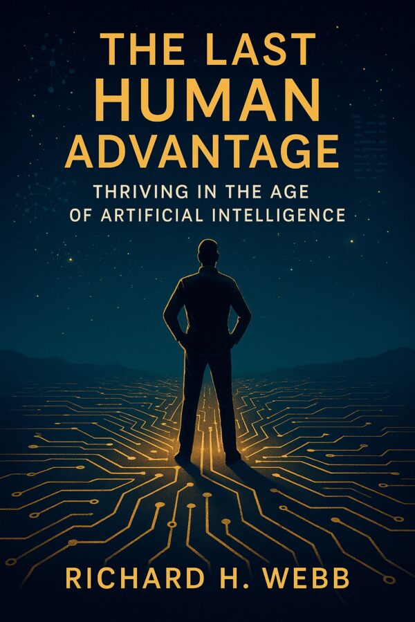 Cover of the book “The Last Human Advantage: Thriving in the Age of Artificial Intelligence” by Richard H. Webb, showcasing a bold, modern design symbolizing the intersection of human identity and AI technology.