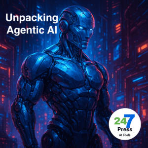 A cyberpunk-style, muscular humanoid robot standing confidently in a glowing futuristic city, symbolizing the strength and intelligence of Agentic AI, with the 24/7 Press AI Tools logo in the corner.