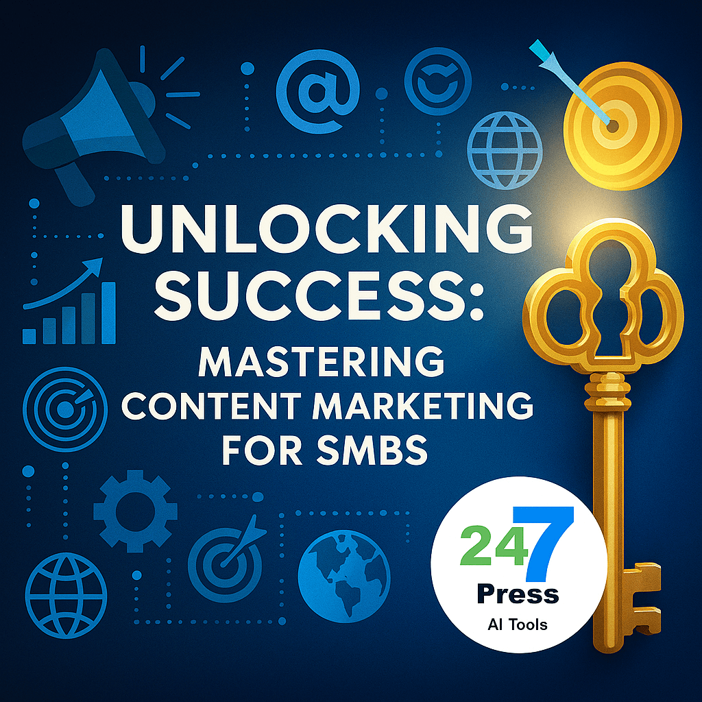 Illustration showing a golden key symbolizing success alongside icons for SEO, social media, and analytics, with the headline "Mastering Content Marketing for SMBs" and the 247 Press logo.