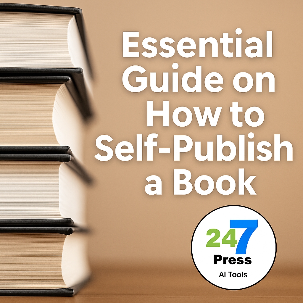 Feature image showing a stack of hardcover books with bold white text reading 'Essential Guide on How to Self-Publish a Book' and the 247 Press AI Tools logo, representing a modern guide on how to self publish a book.