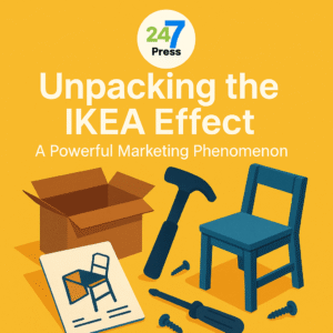 Illustration explaining the IKEA effect, featuring a partially assembled chair, tools, and instructions on a yellow background, symbolizing customer engagement and effort-based value.