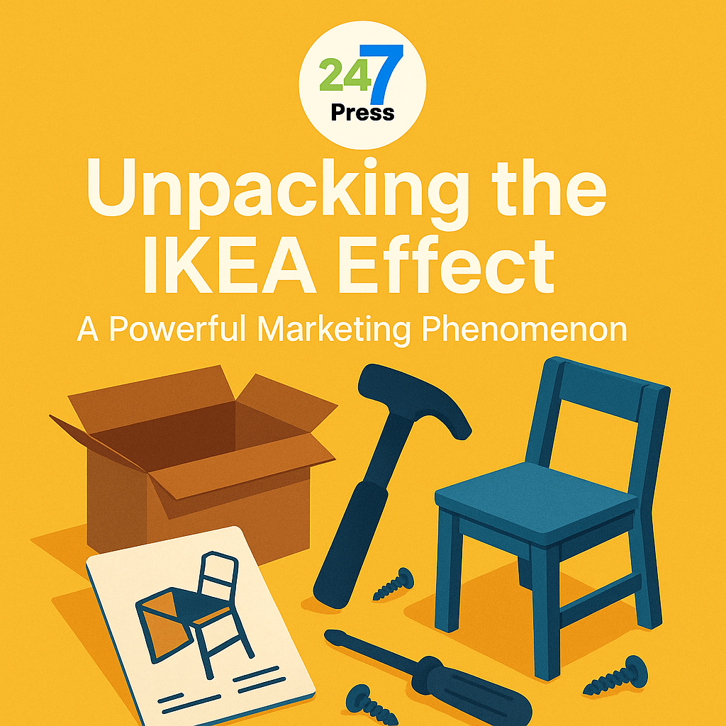 Illustration explaining the IKEA effect, featuring a partially assembled chair, tools, and instructions on a yellow background, symbolizing customer engagement and effort-based value.