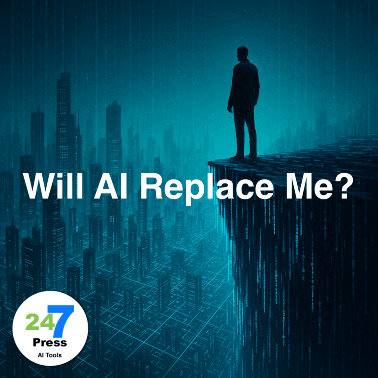 A solitary man stands on the edge of a glowing digital cliff overlooking a futuristic city made of data streams, embodying the question “will AI replace me” through a dramatic depiction of uncertainty, leadership, and the evolving role of humans in a technological world.