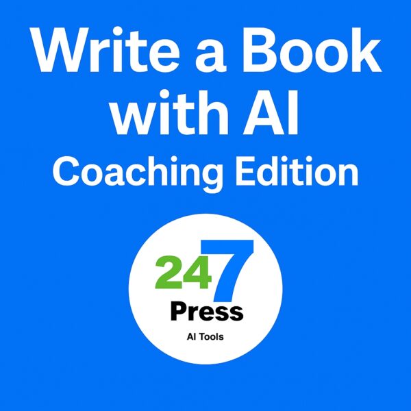 Graphic with 24-7Press logo for Write Book with AI including coaching