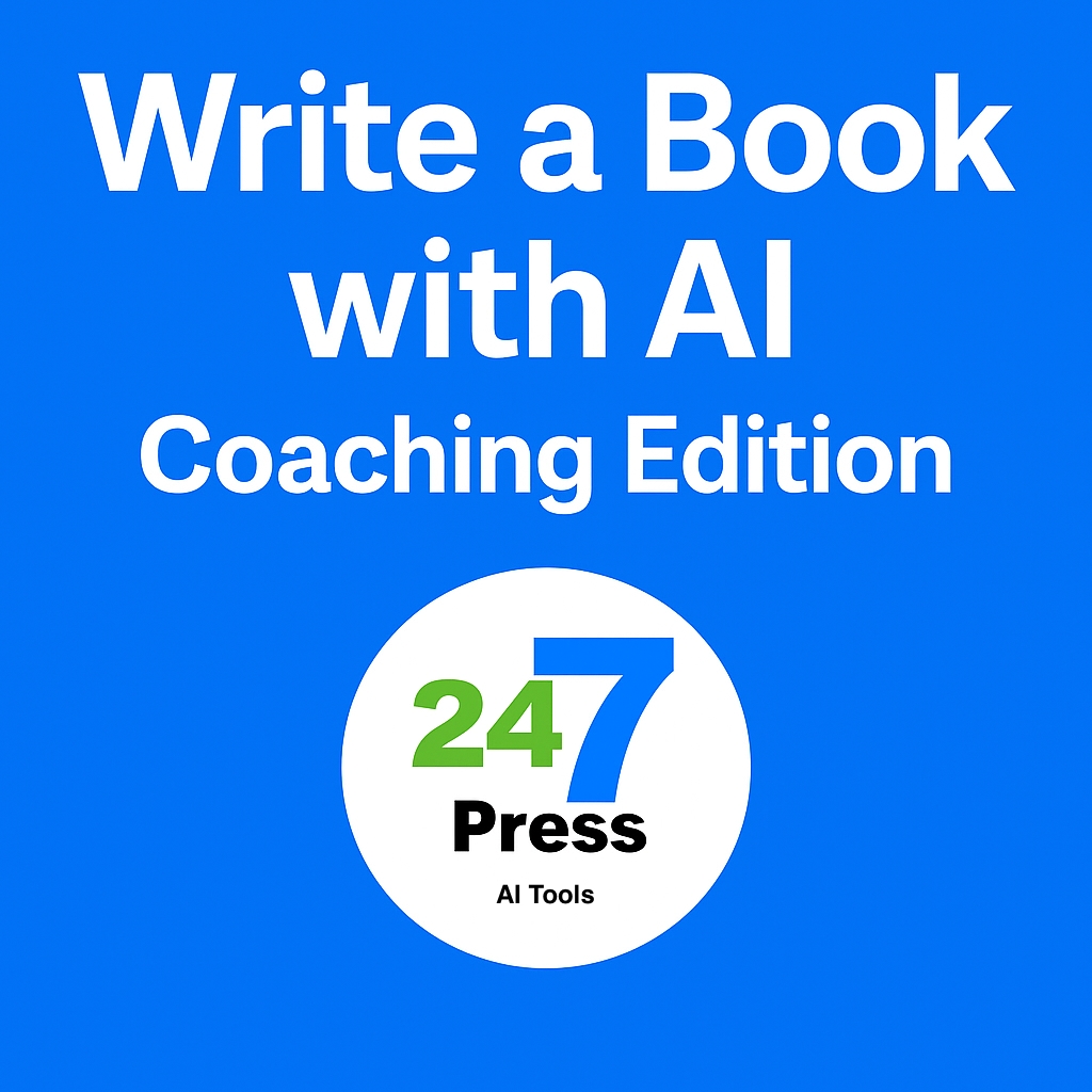 Graphic with 24-7Press logo for Write Book with AI including coaching