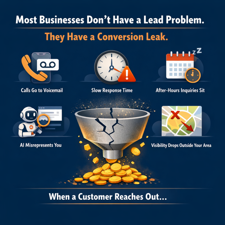 Infographic showing that most businesses do not have a lead problem but a conversion leak, with examples including calls going to voicemail, slow response time, after-hours inquiries sitting, AI misrepresenting the business, and visibility dropping outside the core service area.