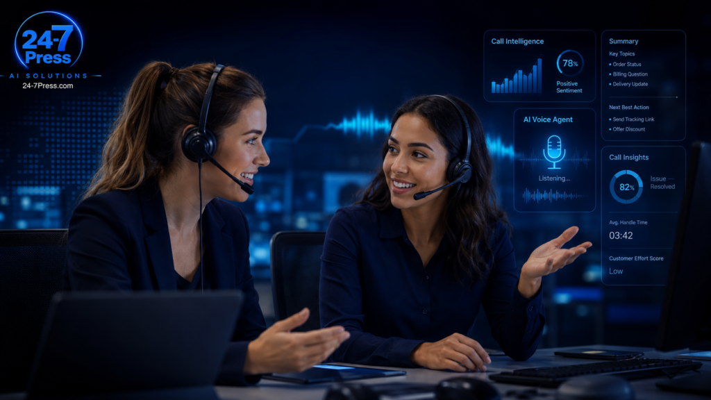 Two customer service women wearing call-center headsets sit side by side, smiling and talking while looking at each other, with AI call intelligence dashboards and voice agent analytics displayed in a futuristic blue office setting.