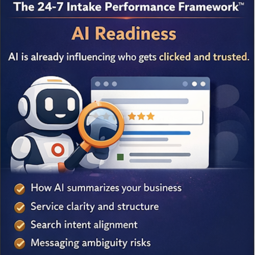 Illustration of AI readiness showing a business being evaluated by AI, with search results, summary elements, and messaging signals that influence how customers see and trust the business online.