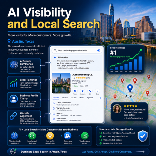 AI Visibility and Local Search image showing AI search summaries, local rankings, Google Business Profile optimization, and Austin, Texas local search growth.