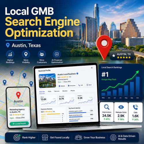 Local GMB Search Engine Optimization Austin, Texas feature image showing Google Business Profile optimization, local rankings, and Austin search visibility.