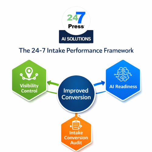Diagram of the 24-7 Intake Performance Framework showing Visibility Control, AI Readiness, and Intake Conversion Audit working together to improve conversion and reduce missed business opportunities.