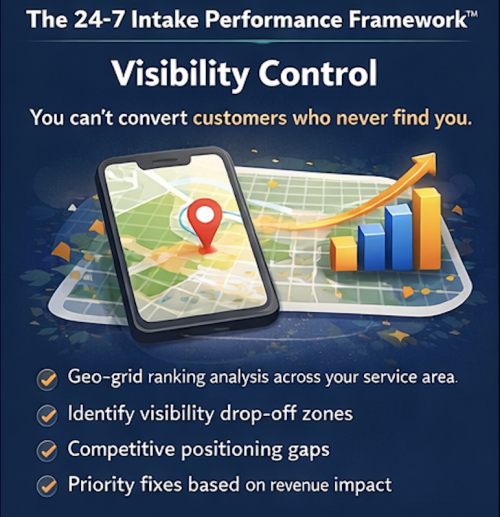 Illustration of local visibility control showing a service area map with location pins, ranking zones, and visibility drop-off across a city to represent how businesses lose local search presence outside their core area.