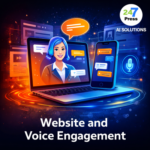 Graphic illustrating talking websites with a laptop and smartphone using AI chat and voice engagement to turn website visitors into real-time conversations and conversions.